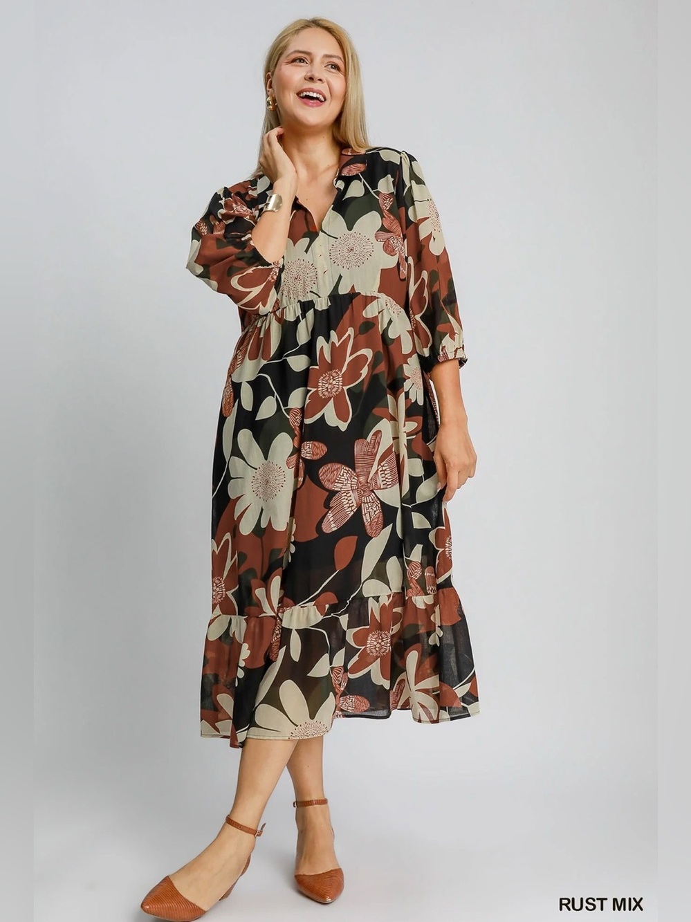 NWT Umgee Rust Floral Notch Collar MIDI Dress Small